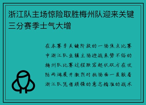 浙江队主场惊险取胜梅州队迎来关键三分赛季士气大增 浙江队主场惊险取胜梅州队迎来关键三分赛季士气大增